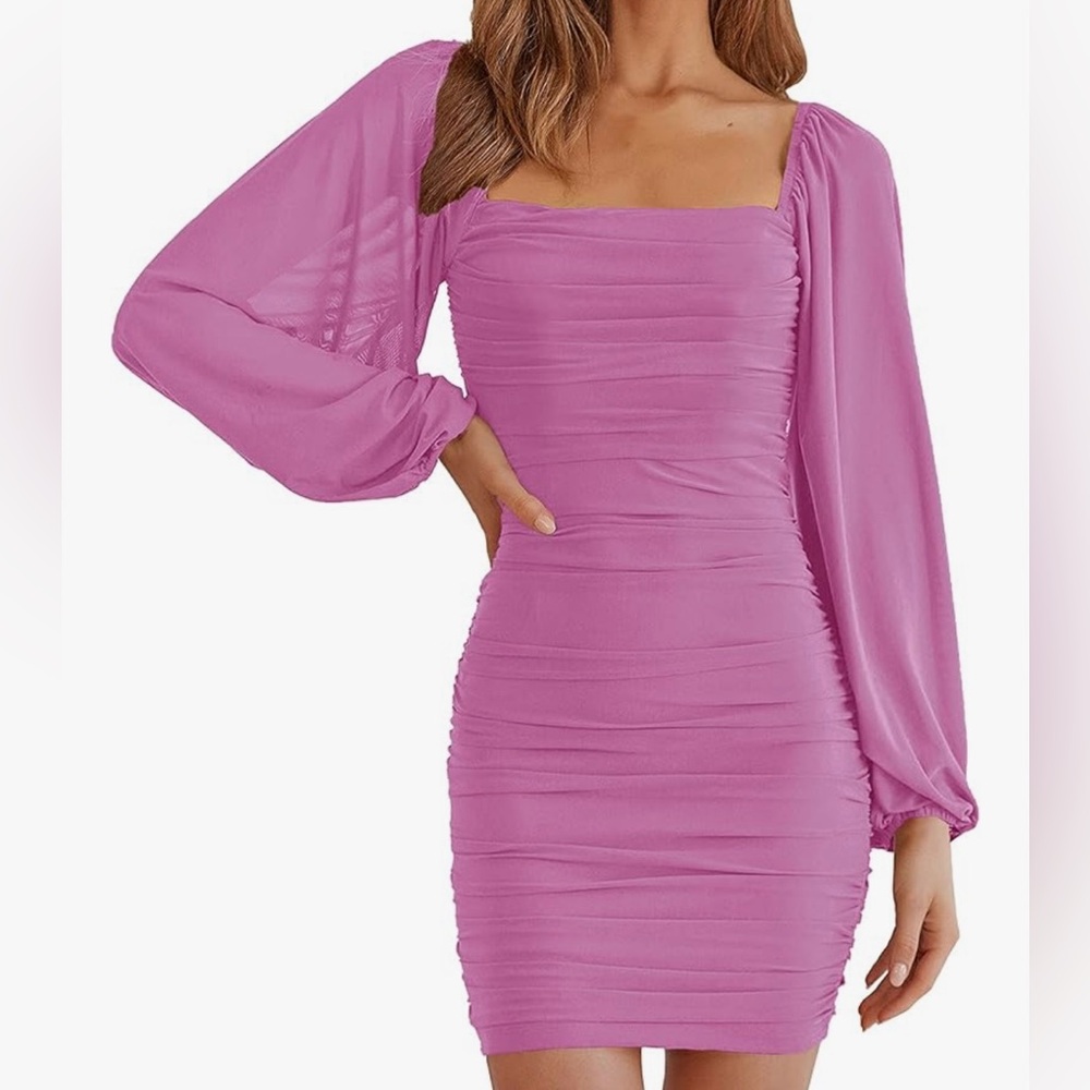 Lilac Women’s Square Neck Lantern Long Sleeve Mesh Ruched Bodycon Dress Sz Small